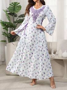 Al Najma V-Neck Arabic Style Colorblock Floral Print Flared Sleeve Dress, Spring/Summer - Purple - View 7