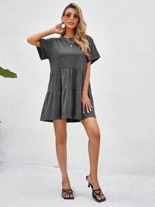 Breezaya Đầm Babydoll viền bèo nhún cổ tay cuộn trang phục đi biển cho nữ - Màu xám đen - Xem 5
