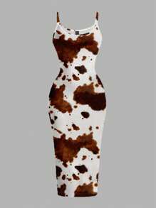 SHEIN EZwear 休闲牛仔印花紧身细肩带长裙，适合夏季、音乐节、牛仔印花、西部牛仔风格、春假、椰子女孩、女孩之旅、音乐节、紧身连衣裙 - 彩色 - 查看 1