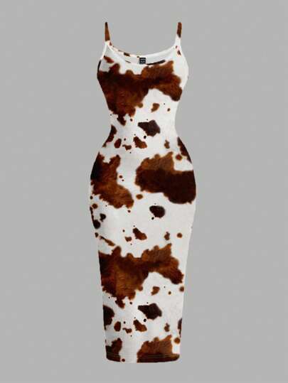 SHEIN EZwear 休闲牛仔印花紧身细肩带长裙，适合夏季、音乐节、牛仔印花、西部牛仔风格、春假、椰子女孩、女孩之旅、音乐节、紧身连衣裙