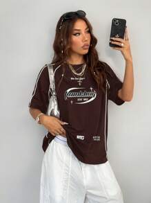 Coolane 女款街头风 Y2K 酷炫活动字母印花撞色短袖黑色 T 恤 - 棕色 - 查看 6