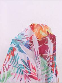 Swim Lushoire Rochie de plajă cu mânecă scurtă, casual, cu imprimeu de plante tropicale, decolteu în V