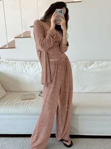 DAZY 3 件套柔软针织面料长款开衫、吊带背心和长裤休闲套装、返校服、秋装睡衣、舒适服装 - 橘色 - 查看 5