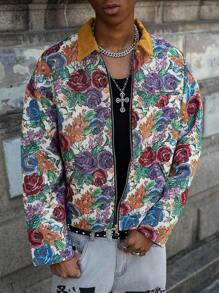 Manfinity EMRG 男士夏威夷印花花卉图案提花夹克夏季外套，街头时尚彩色图案长袖夹克，适合秋季送给朋友、丈夫、男朋友的礼物