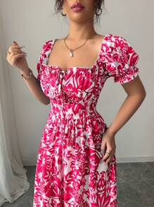 Elenzga 新款女式数码印花泡泡袖蕾丝前开襟收腰优雅连衣裙，适合约会、度假，优雅 - 紅色 - 查看 6