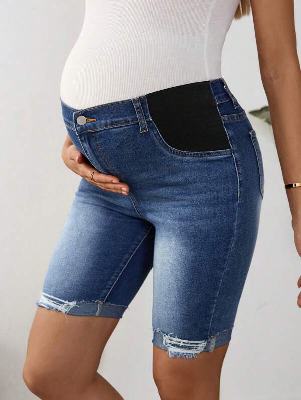 SHEIN Shorts de mezclilla desgastados informales de maternidad para el verano