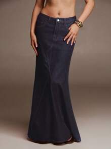 Avantive Fashionable Commuter Washed Denim Fish Tail Skirt - Blue - View 6