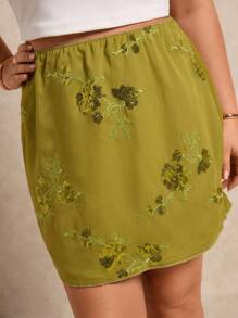 Elaquor Plus Size Elegant Sequin Floral Embroidered A-Line Skirt, Summer - Green - View 6