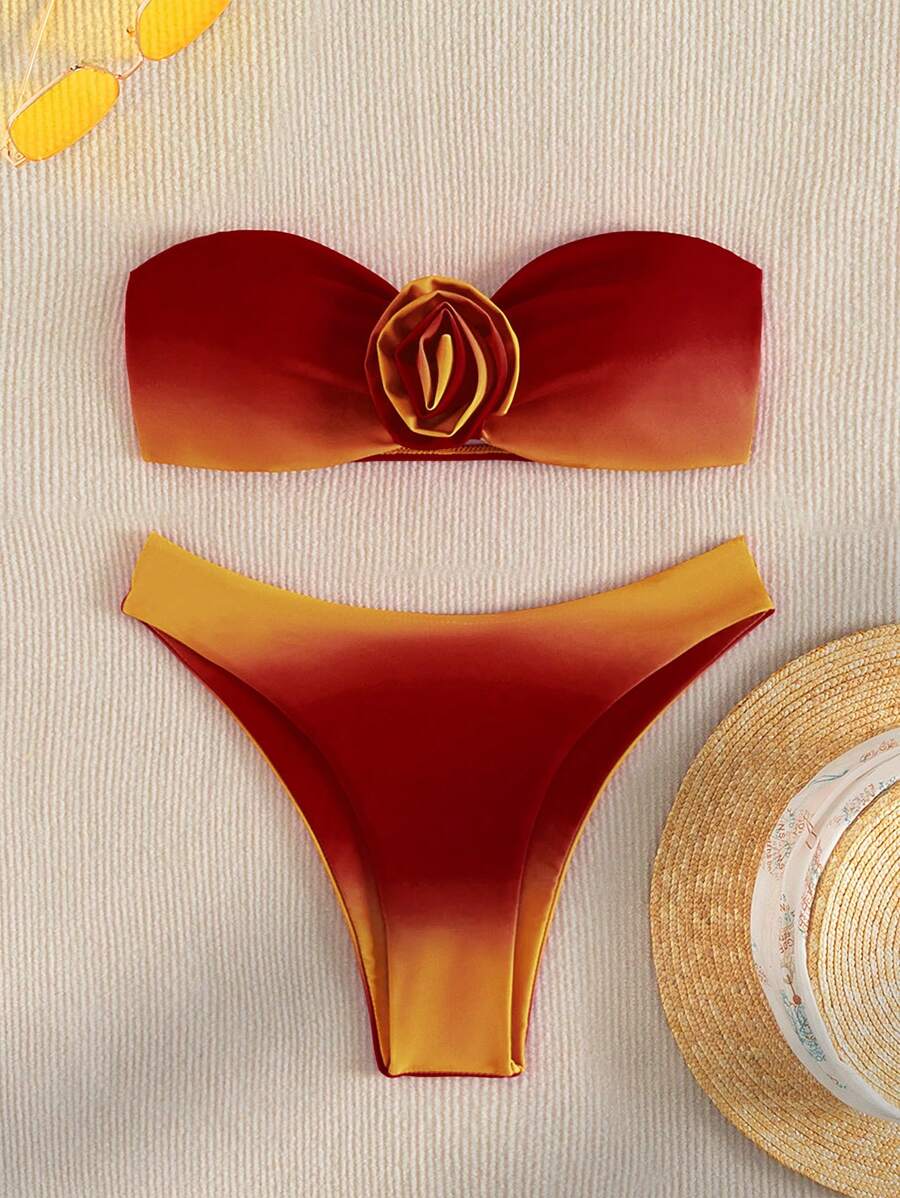 Swim Mod 夏季海滩渐变色抹胸比基尼套装聚拢泳衣女士泳装女士比基尼套装 - 彩色 - 查看 1