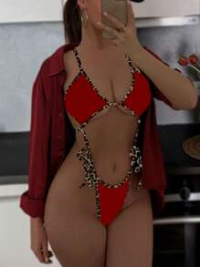 Swim SXY 女士夏季沙滩装，豹纹连体泳衣，性感比基尼，适合欧美风格度假游泳 - 紅色 - 查看 1