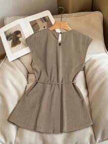 GlowEve 女士纯色圆领盖袖休闲衬衫，夏季 - 卡其色 - 查看 2