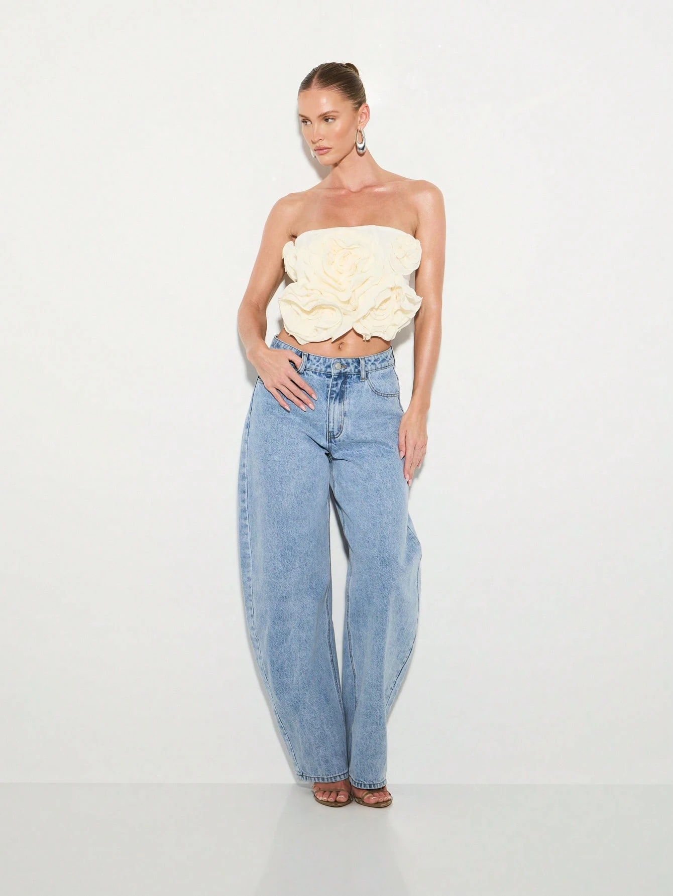 KIZN Rosette Texture Bandeau Strapless Crop Top Chiffon Ruched