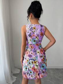 Rafferiza 女士圆领无袖优雅花卉印花修身迷你连衣裙 - 紫色 - 查看 2