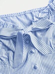 Sweetra Women's Short Sleeve Plaid Square Neck Collar Button-Up Shirt With Frill Trim And Bow, Suitable For Spring, Summer, Autumn - Blue and White - View 3