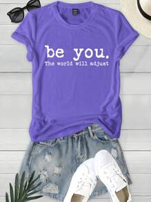 INAWLY Áo thun in khẩu hiệu giản dị ôm vừa vặn dành cho nữ, mùa hè - Màu tím - Xem 3