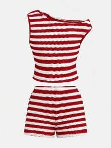 SHEIN Set de 2 piezas con blusa corta asimétrica de rayas texturizadas y shorts casuales para niñas preadolescentes