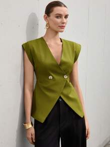 Aveloria Modichic New French Elegant Simple Commuting Versatile Rigorous Luxurious V-Neck Broad Shoulder Design Waist Ruched Slim-Fit Sleeveless Thin Blazer For Ladies - Army Green - View 5