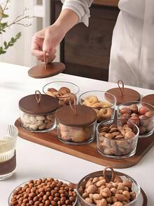 2PCs/Set Or 4PCs/Set Or 6PCs/Set Nut Bowl Set, Fruit Platter, Mini Snack Plate With Wooden Tray, Transparent Nut Jar With Lid, Fruit Bowl With Lid, Creative Snack Box, Decorative Fruit Container, Room Decoration, Kitchen Accessory