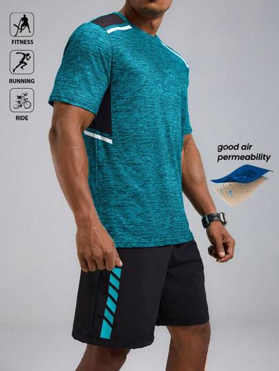 Manfinity Sport Polished Men's Crew Neck Contrast Shoulder Casual Summer Sports Suit Workout Clothes Running Sets Glowmode
