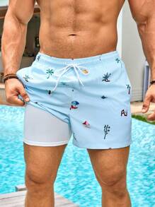 Manfinity Swimmode Men's Casual All-Over Print Beach Shorts, Hawaiian, Light Blue Swim Trunks, Baby Blue Swim Trunks, Men Palm Tree Swim Shorts, Pool Shorts, Baby Blue Men Shorts - Baby Blue - View 3