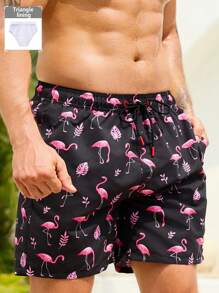 Surfspeed Men's Flamingo & Tropical Plants Print Drawstring Waist Beach Shorts - Black - View 1