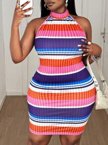 Maweii 大码紧身连衣裙，彩色条纹时尚新款 - 彩色 - 查看 1