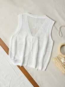 Bellisia Women's Elegant Vacation Style White Star Pattern Backless Tie-Up Knit Kimono Cover Up For Summer