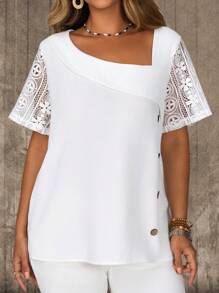 EMERY ROSE Blouse décontractée à manches courtes, couleur unie et ajourée, grande taille, pour les vacances d'été