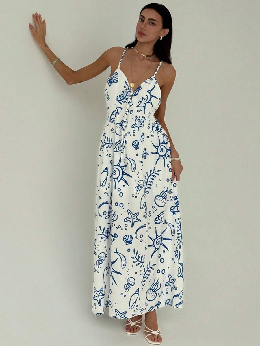 Aloruh 新款夏季度假风连衣裙，性感深V领露背宽松修身细肩带连衣裙，带有海洋元素印花波西米亚风连衣裙