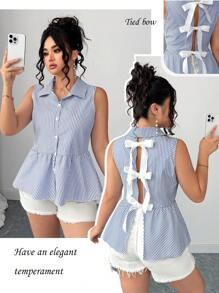 Elenzga 大码夏季时尚休闲法式复古优雅蝴蝶结衬衫 - 藍色 - 查看 1
