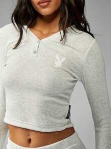 Missguided x Playboy MISSGUIDED Conjunto de pijama informal de manga larga tipo Henley con top corto y pantalón, de punto acanalado suave ultra