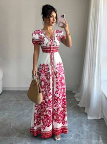 Elenzga Nuevo vestido de tela estampado con cuello en V, manga abultada y cierre en la cintura para mujeres, elegante y estilizador, adecuado para el estilo de Oriente Medio