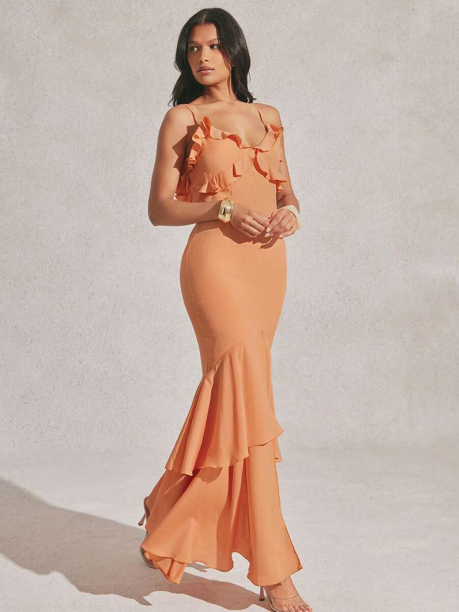 Hauture Women's Solid Color Ruffle Layered Front Slid Adjustable Shoulder Strap Summer Dress For Vacation, Summer, Beach Style - Orange - View 1
