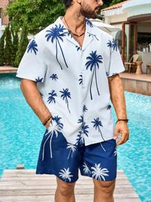Manfinity Plus Size Men Palm Tree Print Shirt And Shorts Beach Suit, Hawaiian - Navy Blue - View 6