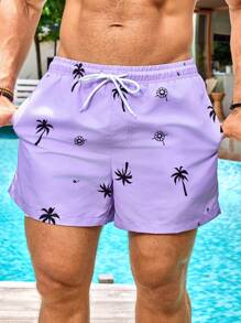 Manfinity Swimmode 男士夏威夷度假风印花沙滩短裤 - 淡紫色 - 查看 4