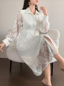 DAZY 1pc Women's Lace Collar Belted Mid-Length Solid Color Long Sleeve Dress,Fall Dress Maxi Dress - Beige - View 1