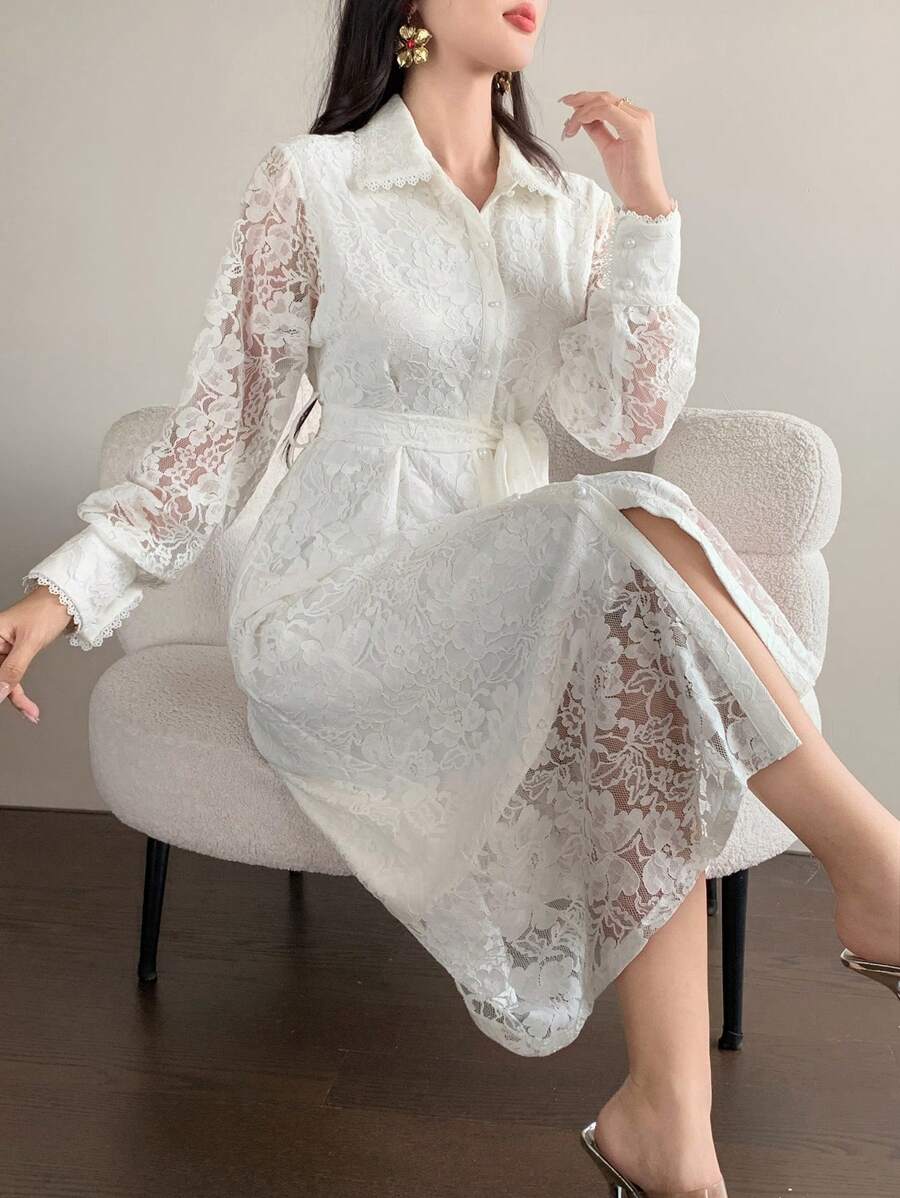 DAZY 1pc Women's Lace Collar Belted Mid-Length Solid Color Long Sleeve Dress,Fall Dress Maxi Dress - Beige - View 1