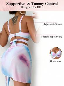 Swim DD+ Women 3pcs/Set Swimsuit - Tankini Top, Triangle Bottoms, Sarong For Summer Beach Vacation - Multicolor - View 3