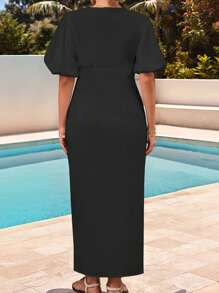 SHEIN VCAY 大码女式纯色时尚连衣裙，适合夏季 - 黑色 - 查看 2