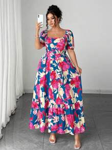 Elenzga 大码女装夏季新款复古花卉印花中长连衣裙，欧美时尚海滨度假风，法式别致优雅魅力方领收腰显瘦喇叭下摆长裙 - 彩色 - 查看 6