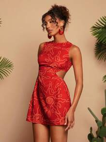 Travachic Vestido corto sin mangas con abertura y estampado tejido para mujeres - Rojo - Ver 6
