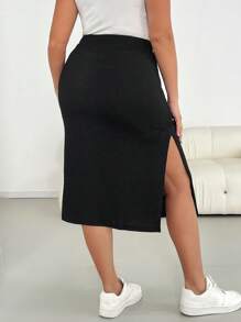 SHEIN Essnce 大码女装春夏时尚休闲基本款日常百搭高弹力纹理面料黑色高开叉裙，简约风格，性感裙子，女式下装，外出装，欧洲夏季 - 黑色 - 查看 2