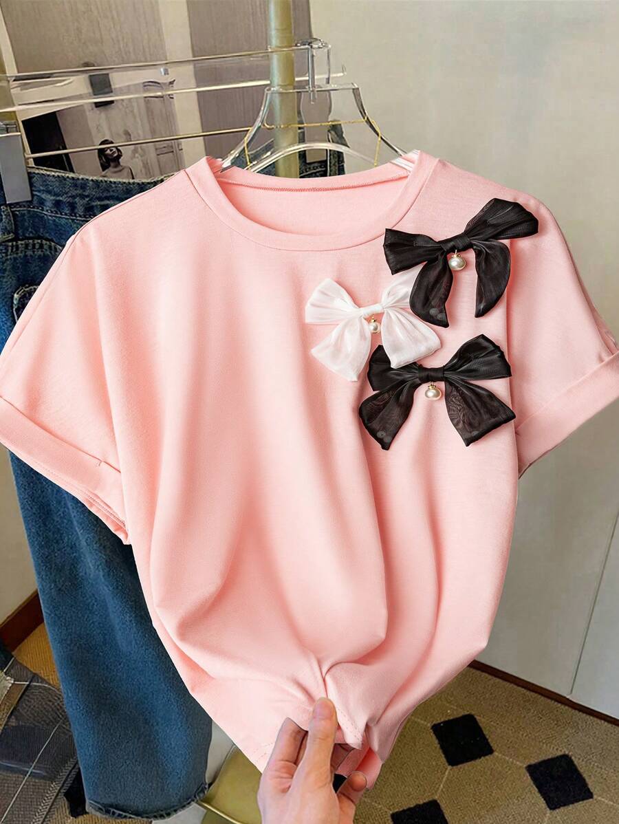 Flirla Plus Size Women French Style Regular Casual Outing Summer 3D Bow Short Sleeve Knitted T-Shirt - Pink - View 1