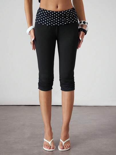 ROMWE Avant Millennium Sicilian Holiday Vintage Polka Dot Patchwork Ruched Skinny Women 3/4 Pants
