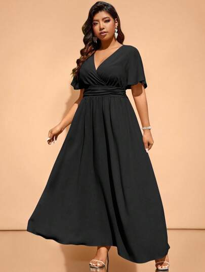 Cravure Plus Solid Color Surplice Neck Shirred Waist Dress Maxi Women Outfit Prom