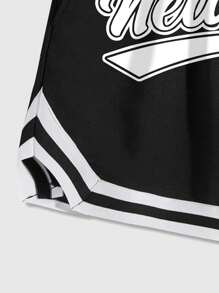 ROMWE MEN Street Life Pantalones cortos deportivos informales de verano para hombres, con estampado de números en inglés americano, color negro