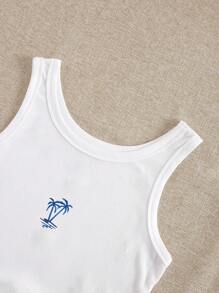 Sundraya Women's Coconut Tree Embroidered Slim Fit Cropped Tank Top - White - View 4