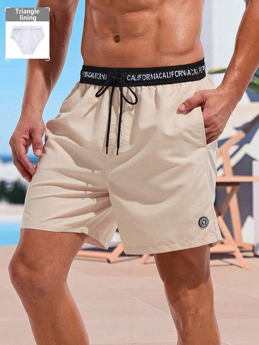 Surfspeed Men's Color Block Letter Print Beach Elastic Waist Shorts, Summer Vacation, Hawaiian