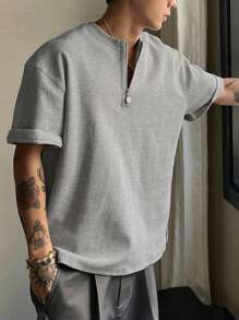 DAZY Men's Solid Color 1/3 Zip Neck T-Shirt, Gray Textured Fabric, Summer - Grey - View 2