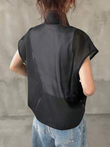 FRIFUL Women's Open Front Sheer Short Metal Zipper Contrast Color Plain Short Sleeve Casual Jacket